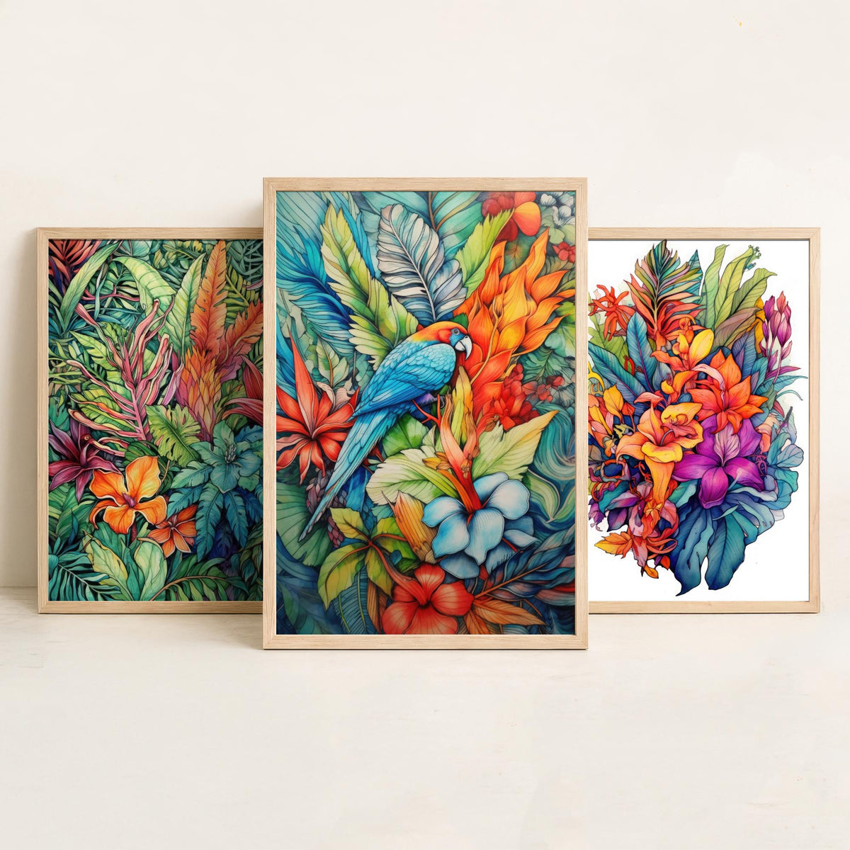 Tropical Ink Parrot Set of Three Art Prints - Jungle Leaves, Exotic Flower Bouquet, Macaw - Botanical Poster Illustration