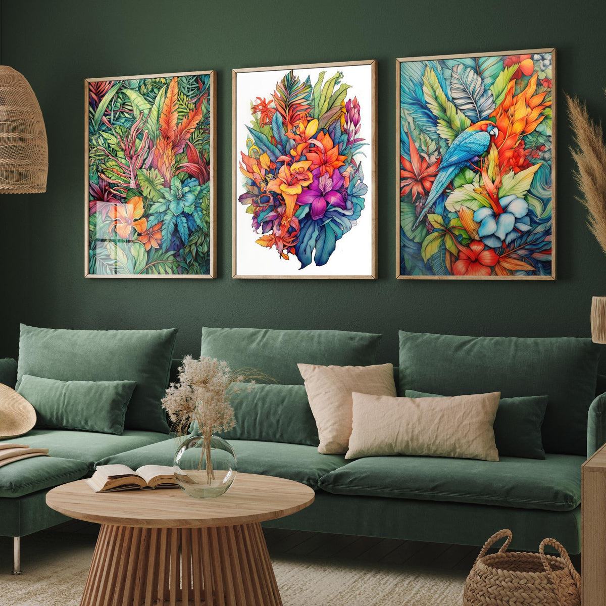 Tropical Ink Parrot Set of Three Art Prints - Jungle Leaves, Exotic Flower Bouquet, Macaw - Botanical Poster Illustration