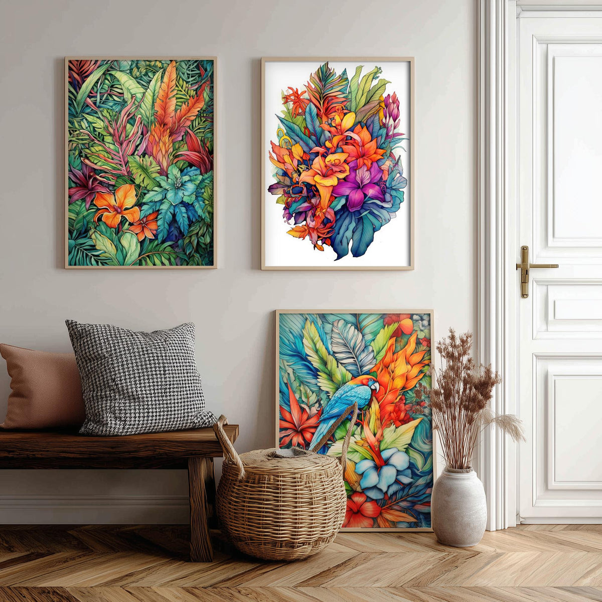 Tropical Ink Parrot Set of Three Art Prints - Jungle Leaves, Exotic Flower Bouquet, Macaw - Botanical Poster Illustration