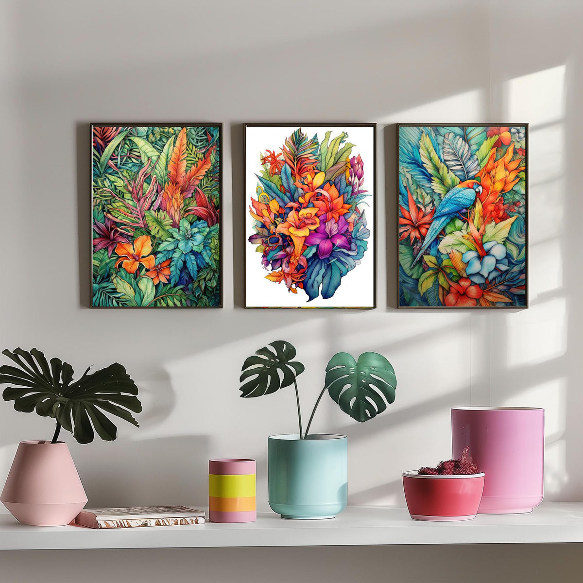 Tropical Ink Parrot Set of Three Art Prints - Jungle Leaves, Exotic Flower Bouquet, Macaw - Botanical Poster Illustration