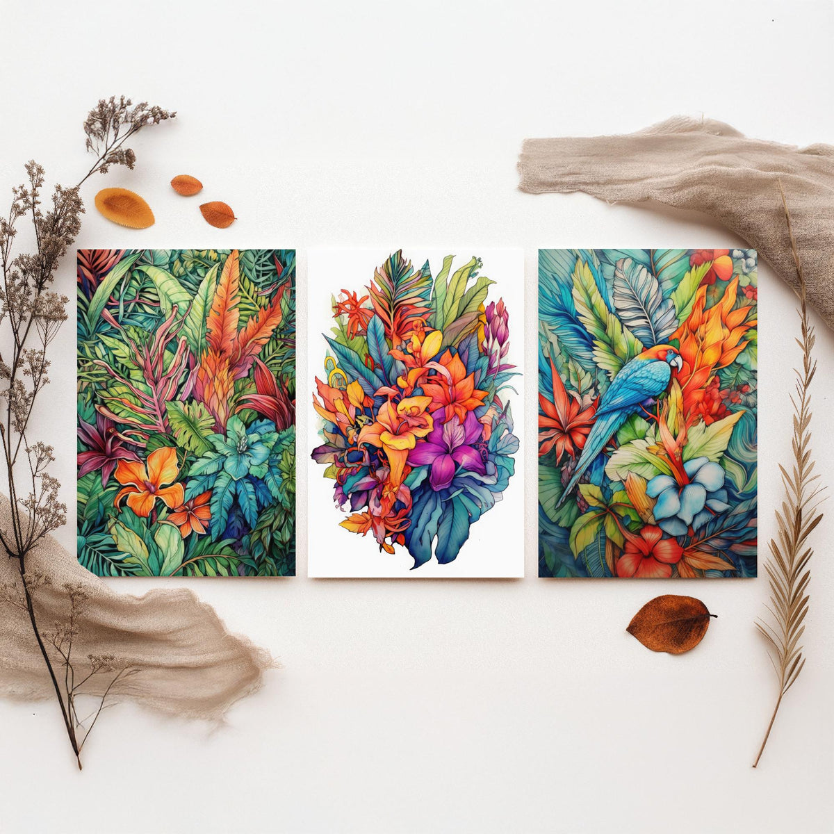 Tropical Ink Parrot Set of Three Art Prints - Jungle Leaves, Exotic Flower Bouquet, Macaw - Botanical Poster Illustration