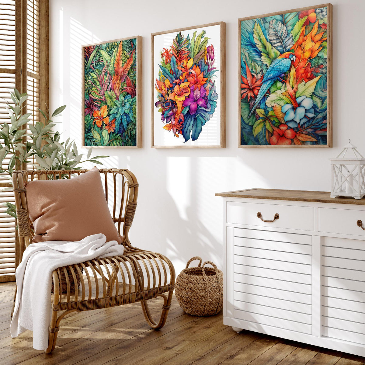 Tropical Ink Parrot Set of Three Art Prints - Jungle Leaves, Exotic Flower Bouquet, Macaw - Botanical Poster Illustration