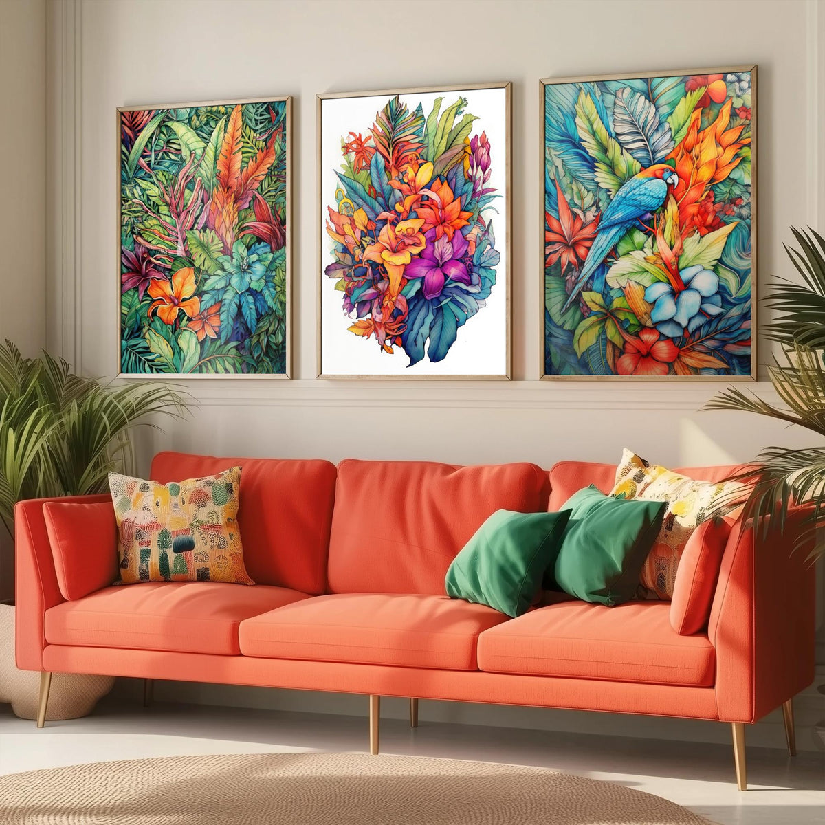 Tropical Ink Parrot Set of Three Art Prints - Jungle Leaves, Exotic Flower Bouquet, Macaw - Botanical Poster Illustration