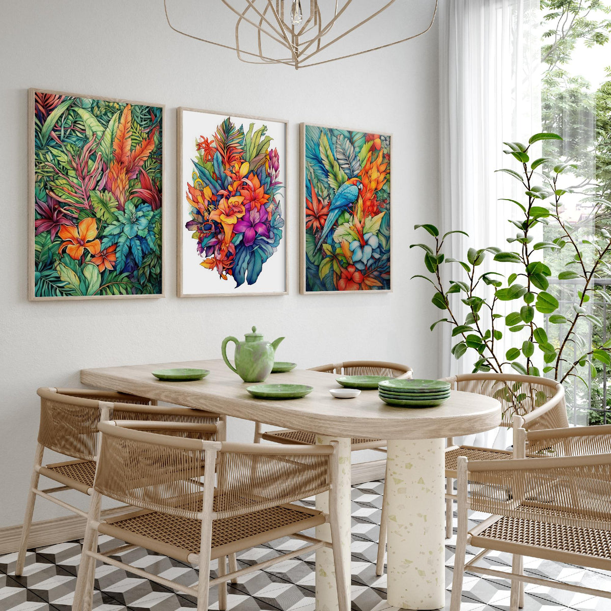 Tropical Ink Parrot Set of Three Art Prints - Jungle Leaves, Exotic Flower Bouquet, Macaw - Botanical Poster Illustration