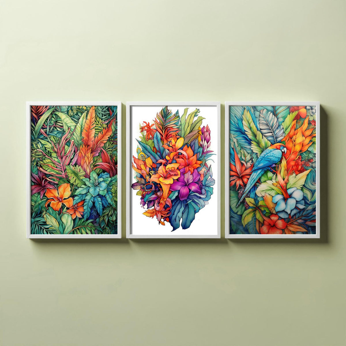 Tropical Ink Parrot Set of Three Art Prints - Jungle Leaves, Exotic Flower Bouquet, Macaw - Botanical Poster Illustration
