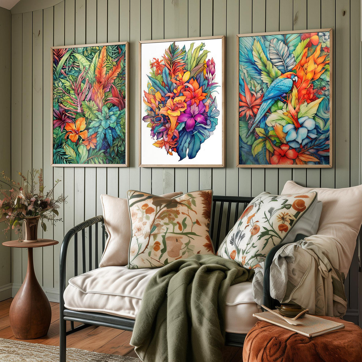 Tropical Ink Parrot Set of Three Art Prints - Jungle Leaves, Exotic Flower Bouquet, Macaw - Botanical Poster Illustration