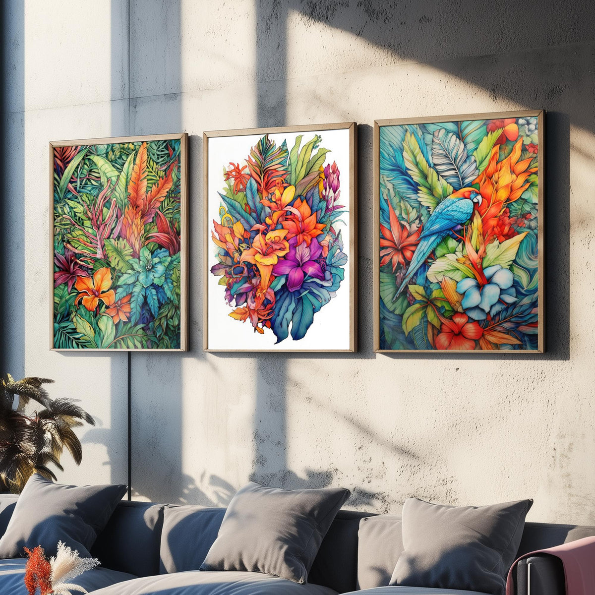 Tropical Ink Parrot Set of Three Art Prints - Jungle Leaves, Exotic Flower Bouquet, Macaw - Botanical Poster Illustration