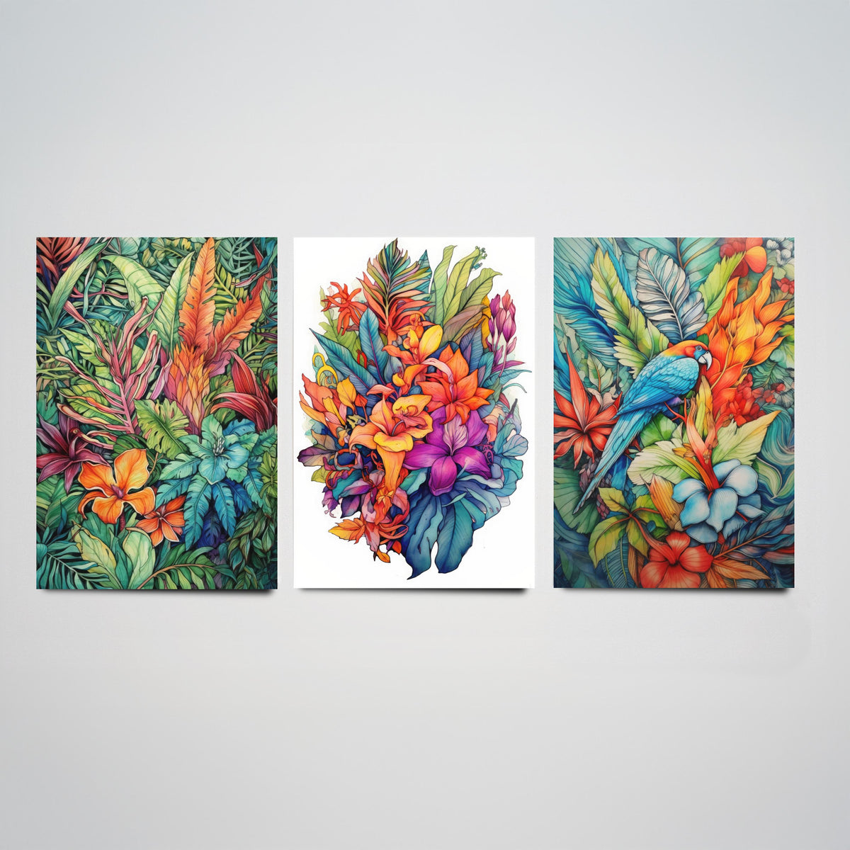 Tropical Ink Parrot Set of Three Art Prints - Jungle Leaves, Exotic Flower Bouquet, Macaw - Botanical Poster Illustration