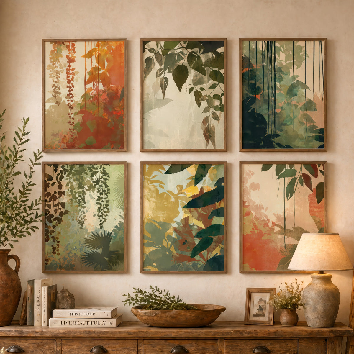 Set of Six Tropical Jungle Foliage Art Prints - 6 Botanical Leaf Posters - Hanging Vines in Sage, Rust, Terracotta Illustration