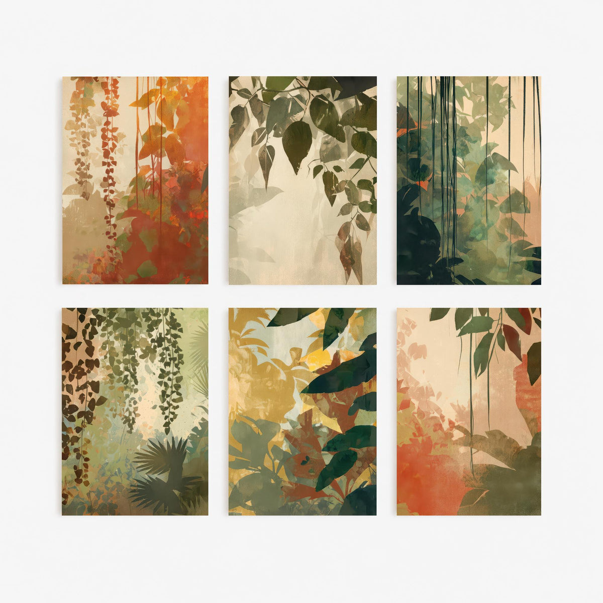 Set of Six Tropical Jungle Foliage Art Prints - 6 Botanical Leaf Posters - Hanging Vines in Sage, Rust, Terracotta Illustration