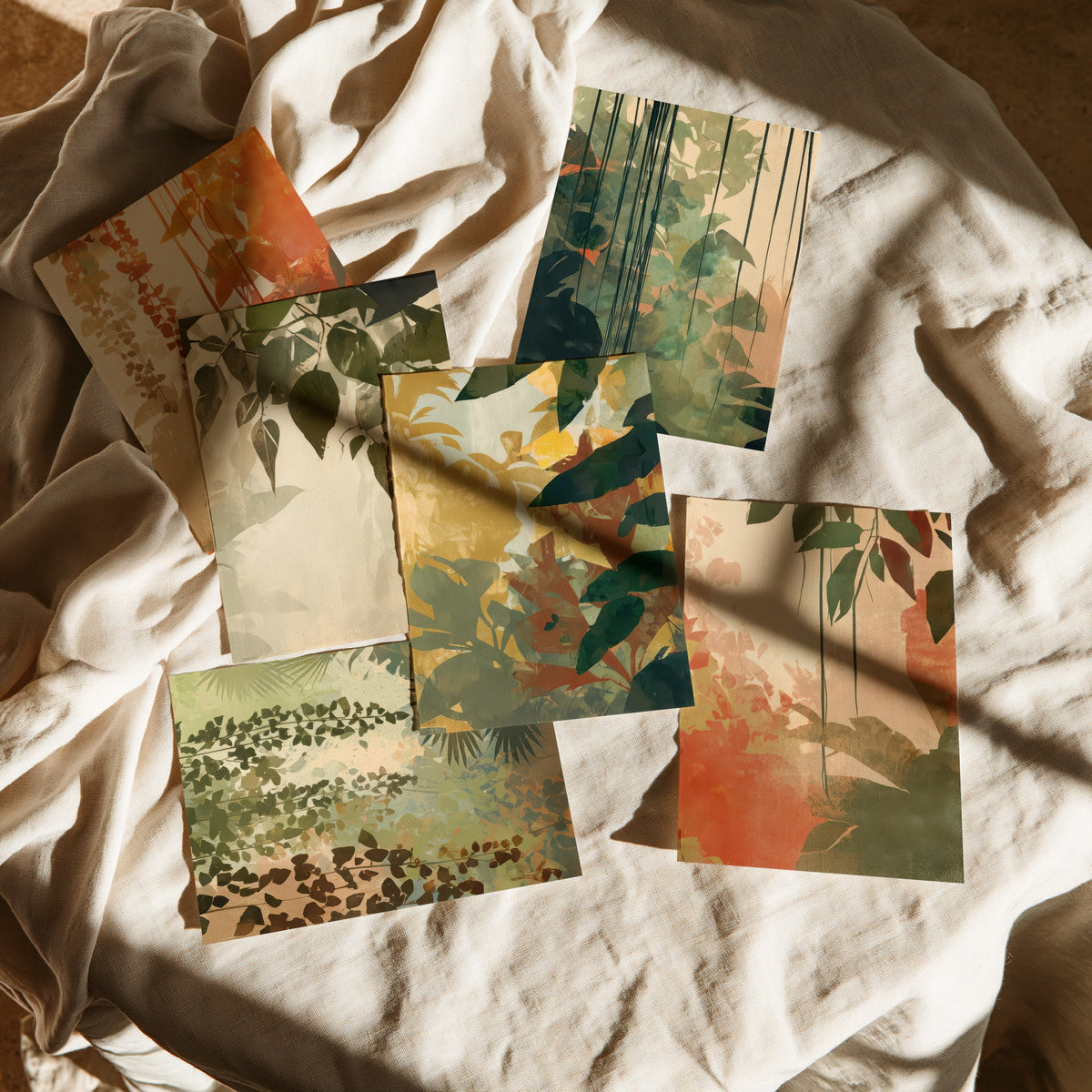 Set of Six Tropical Jungle Foliage Art Prints - 6 Botanical Leaf Posters - Hanging Vines in Sage, Rust, Terracotta Illustration