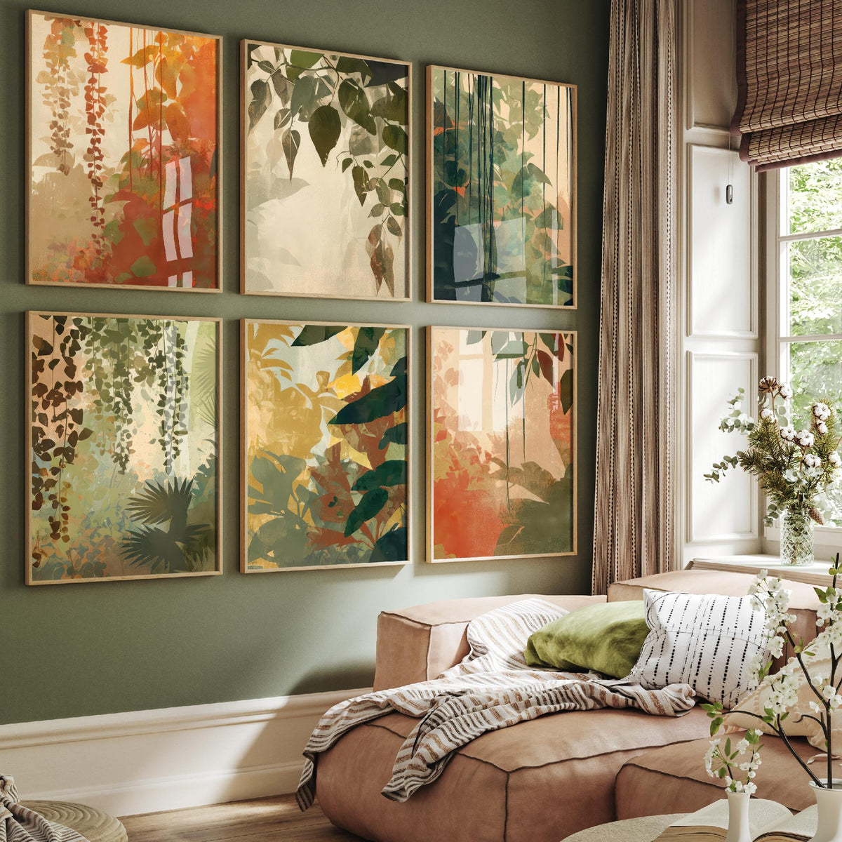 Set of Six Tropical Jungle Foliage Art Prints - 6 Botanical Leaf Posters - Hanging Vines in Sage, Rust, Terracotta Illustration