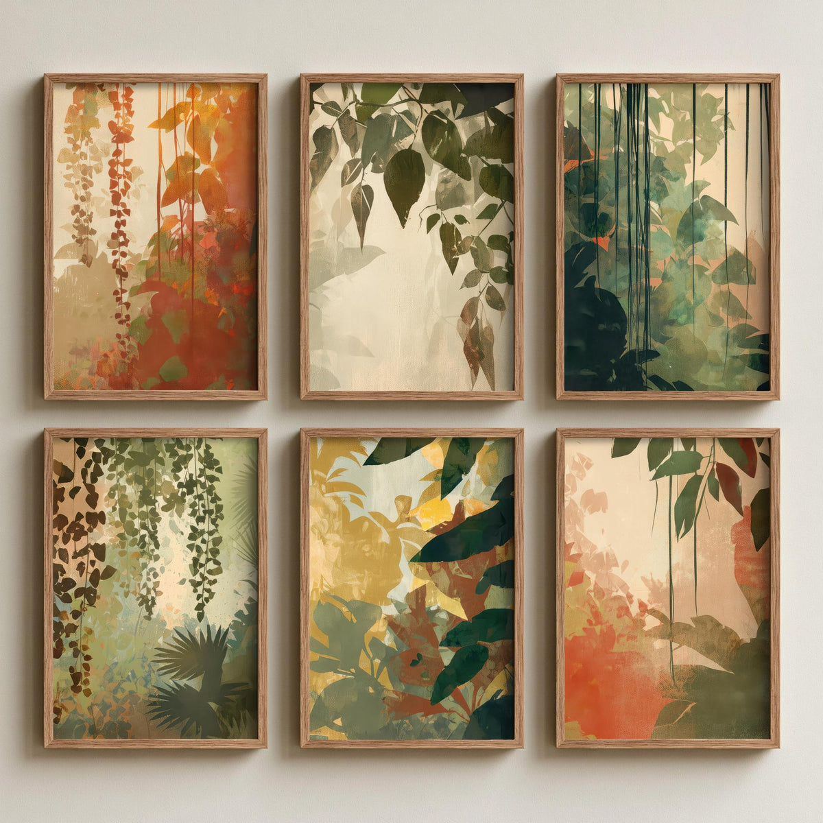 Set of Six Tropical Jungle Foliage Art Prints - 6 Botanical Leaf Posters - Hanging Vines in Sage, Rust, Terracotta Illustration