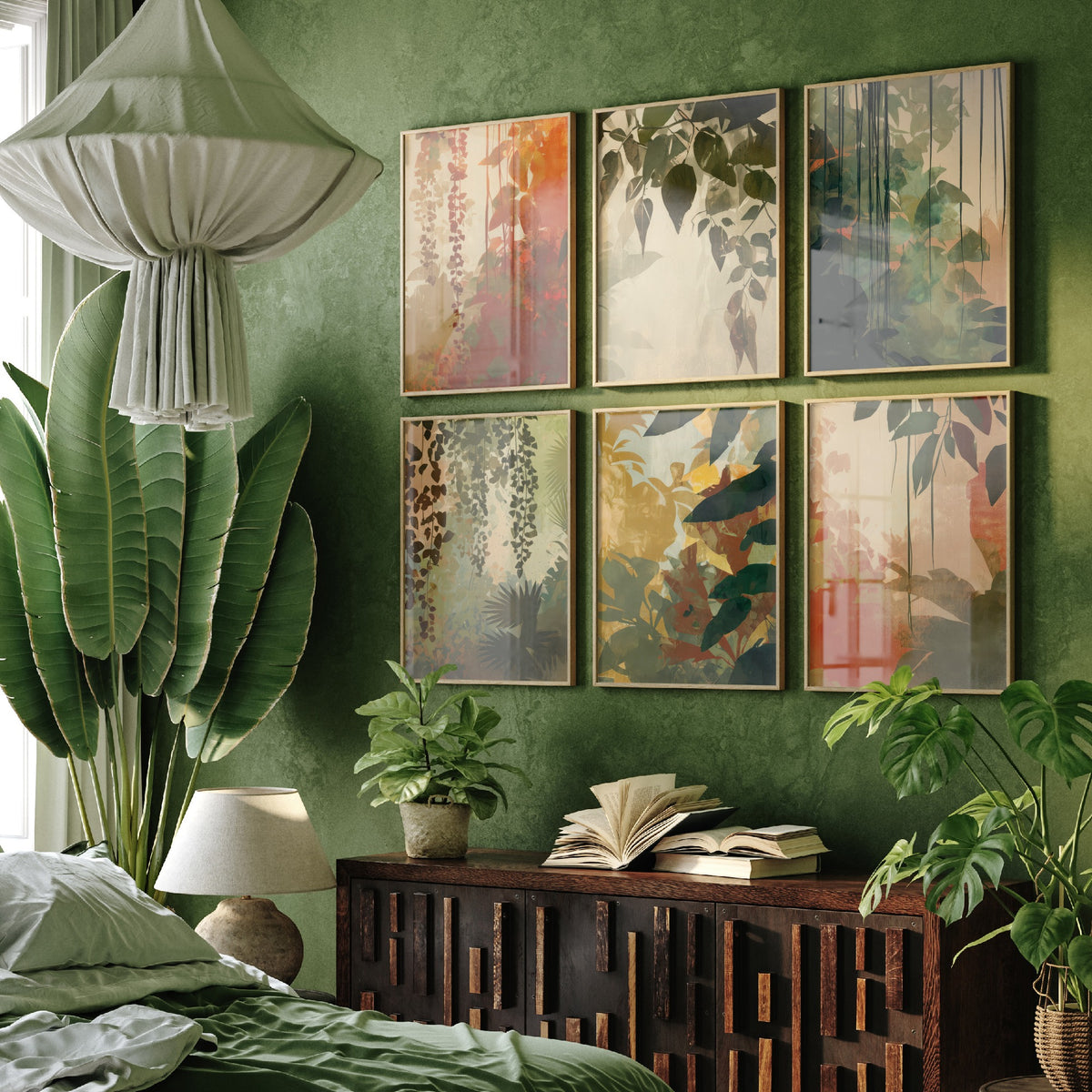 Set of Six Tropical Jungle Foliage Art Prints - 6 Botanical Leaf Posters - Hanging Vines in Sage, Rust, Terracotta Illustration