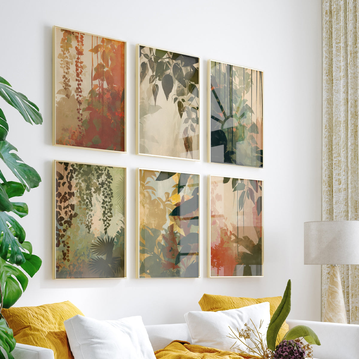 Set of Six Tropical Jungle Foliage Art Prints - 6 Botanical Leaf Posters - Hanging Vines in Sage, Rust, Terracotta Illustration