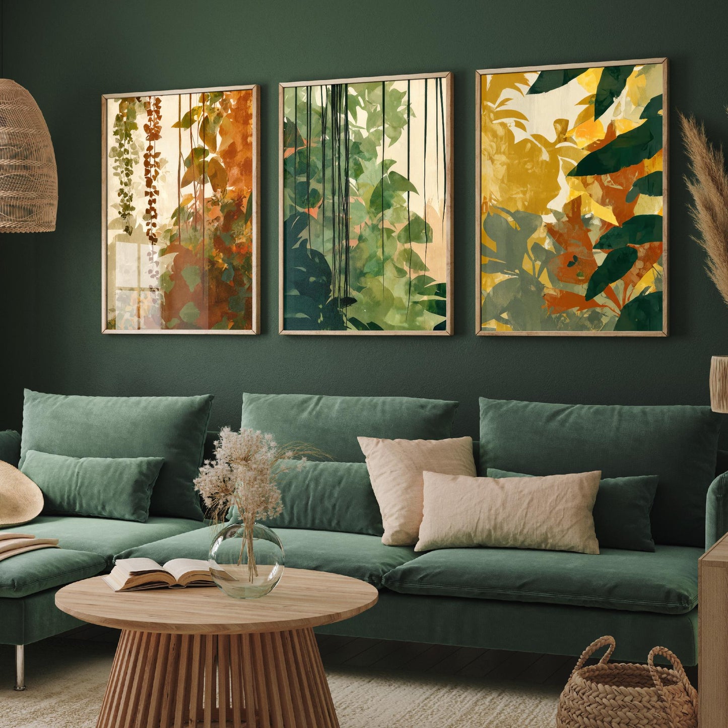 Tropical Jungle Foliage Set of Three Art Prints | Rust Gold Green Botanical Poster Illustration
