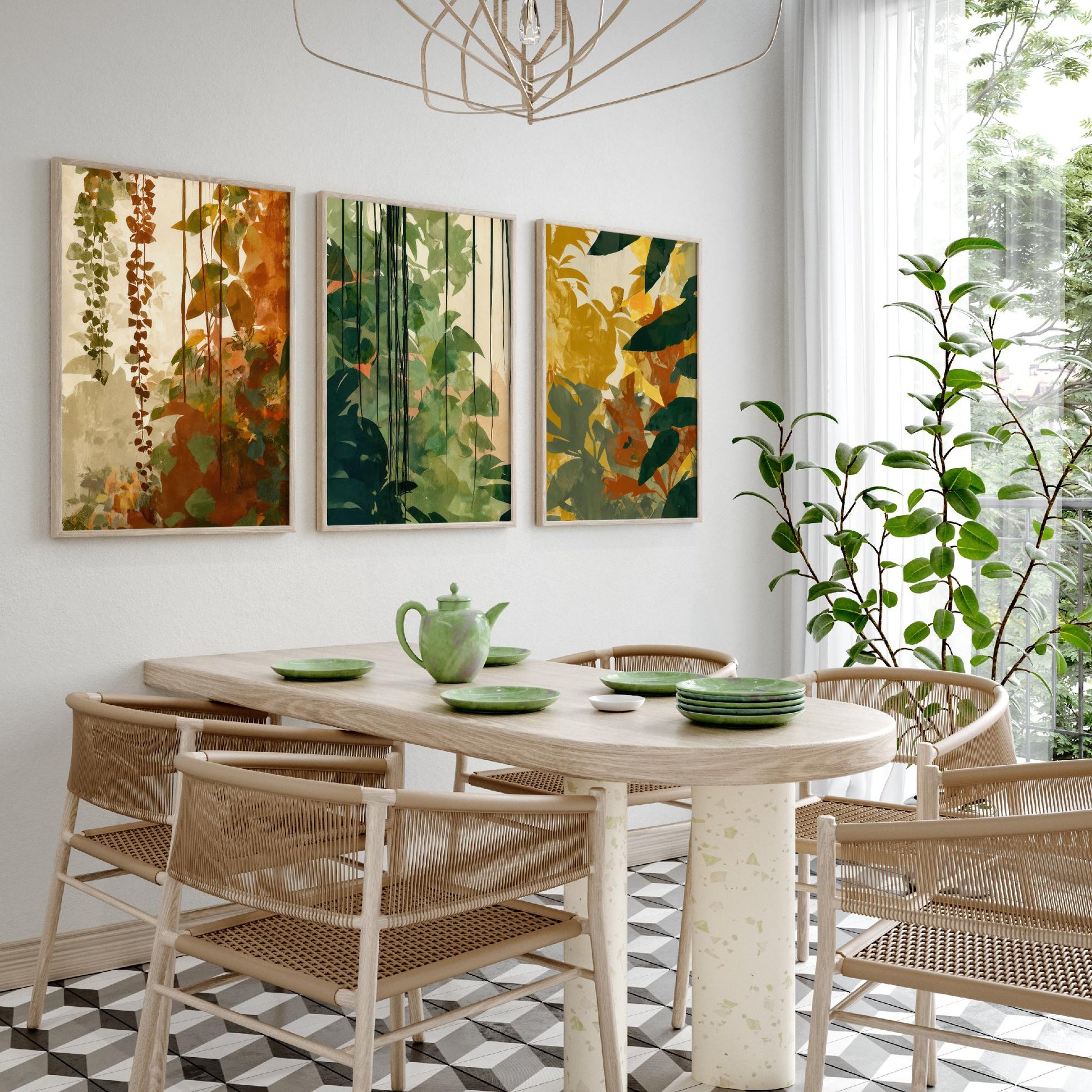 Tropical Jungle Foliage Set of Three Art Prints | Rust Gold Green Botanical Poster Illustration