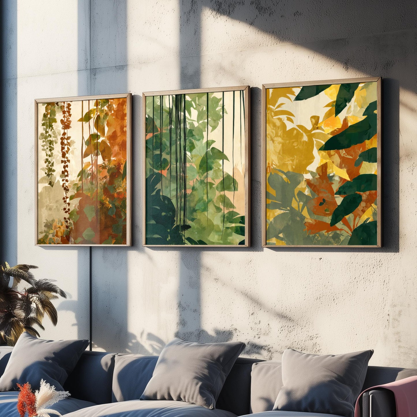 Tropical Jungle Foliage Set of Three Art Prints | Rust Gold Green Botanical Poster Illustration