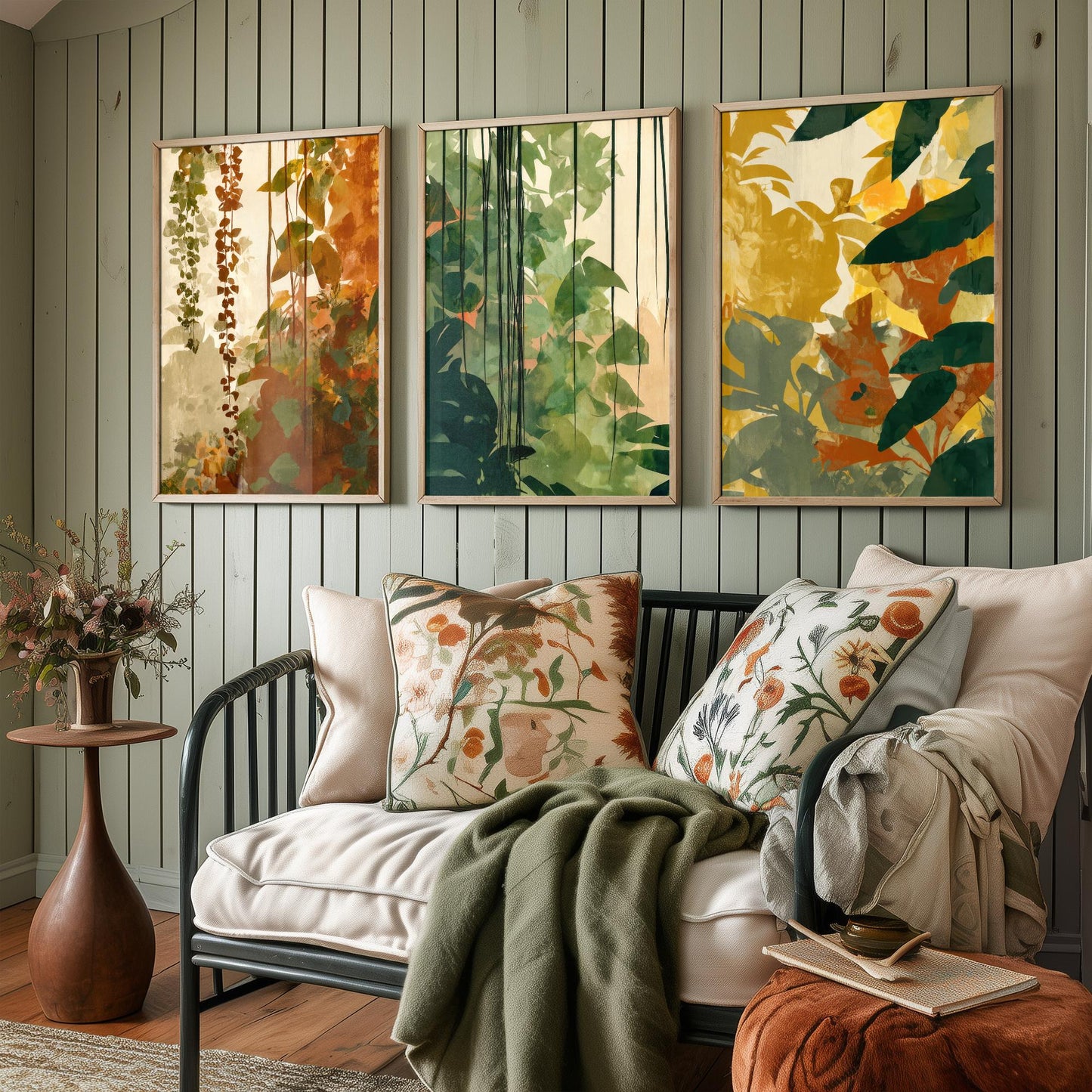 Tropical Jungle Foliage Set of Three Art Prints | Rust Gold Green Botanical Poster Illustration