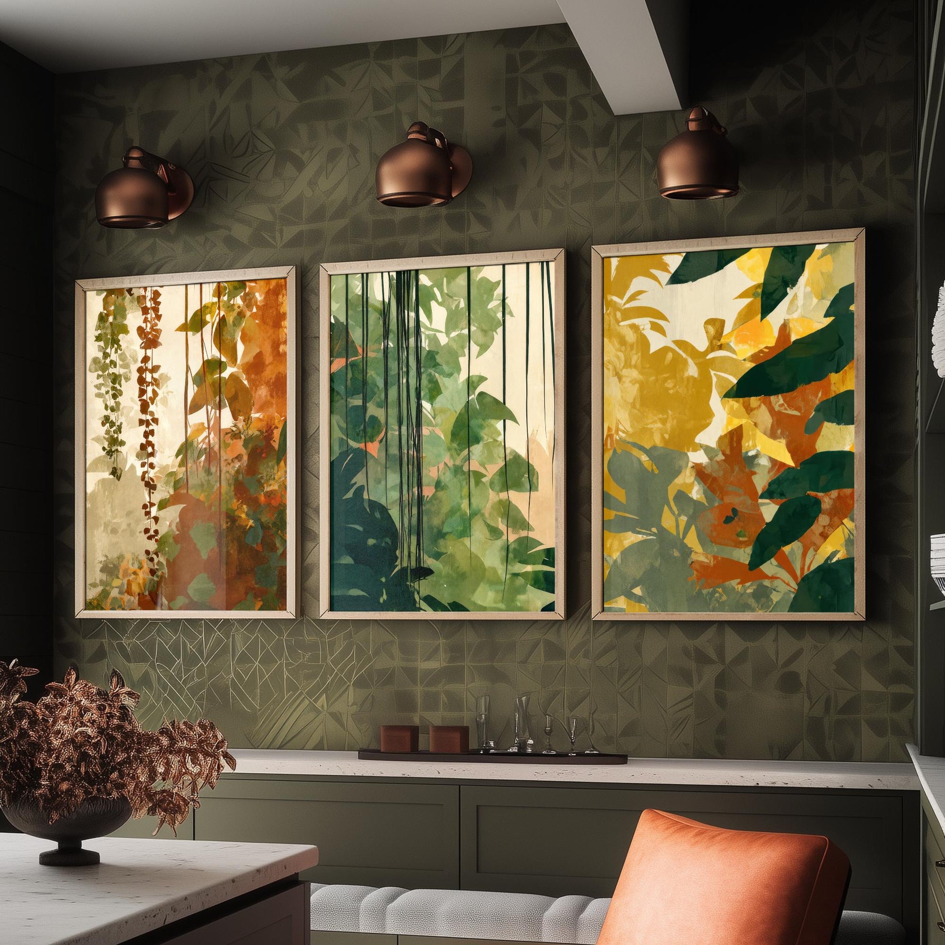 Tropical Jungle Foliage Set of Three Art Prints | Rust Gold Green Botanical Poster Illustration