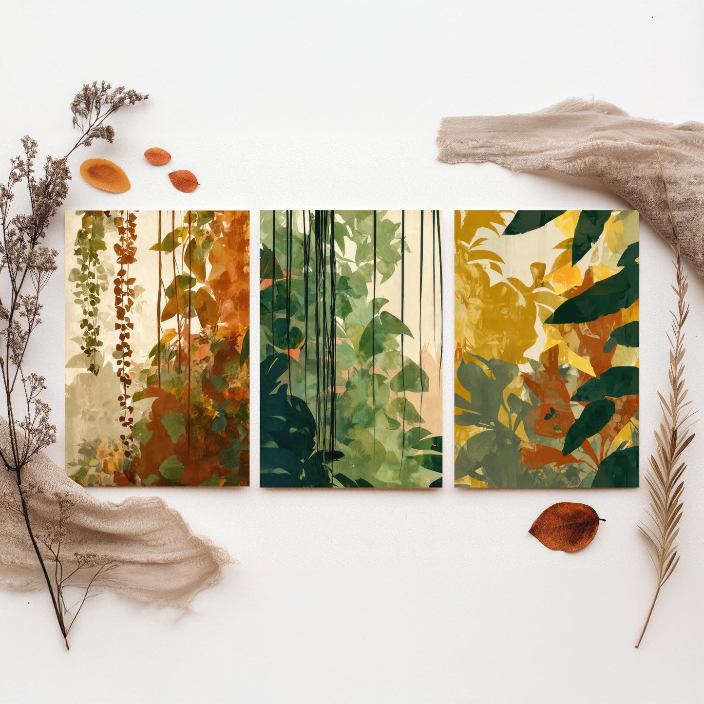 Tropical Jungle Foliage Set of Three Art Prints | Rust Gold Green Botanical Poster Illustration