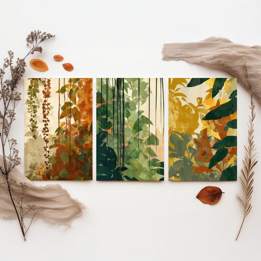 Tropical Jungle Foliage Set of Three Art Prints | Rust Gold Green Botanical Poster Illustration