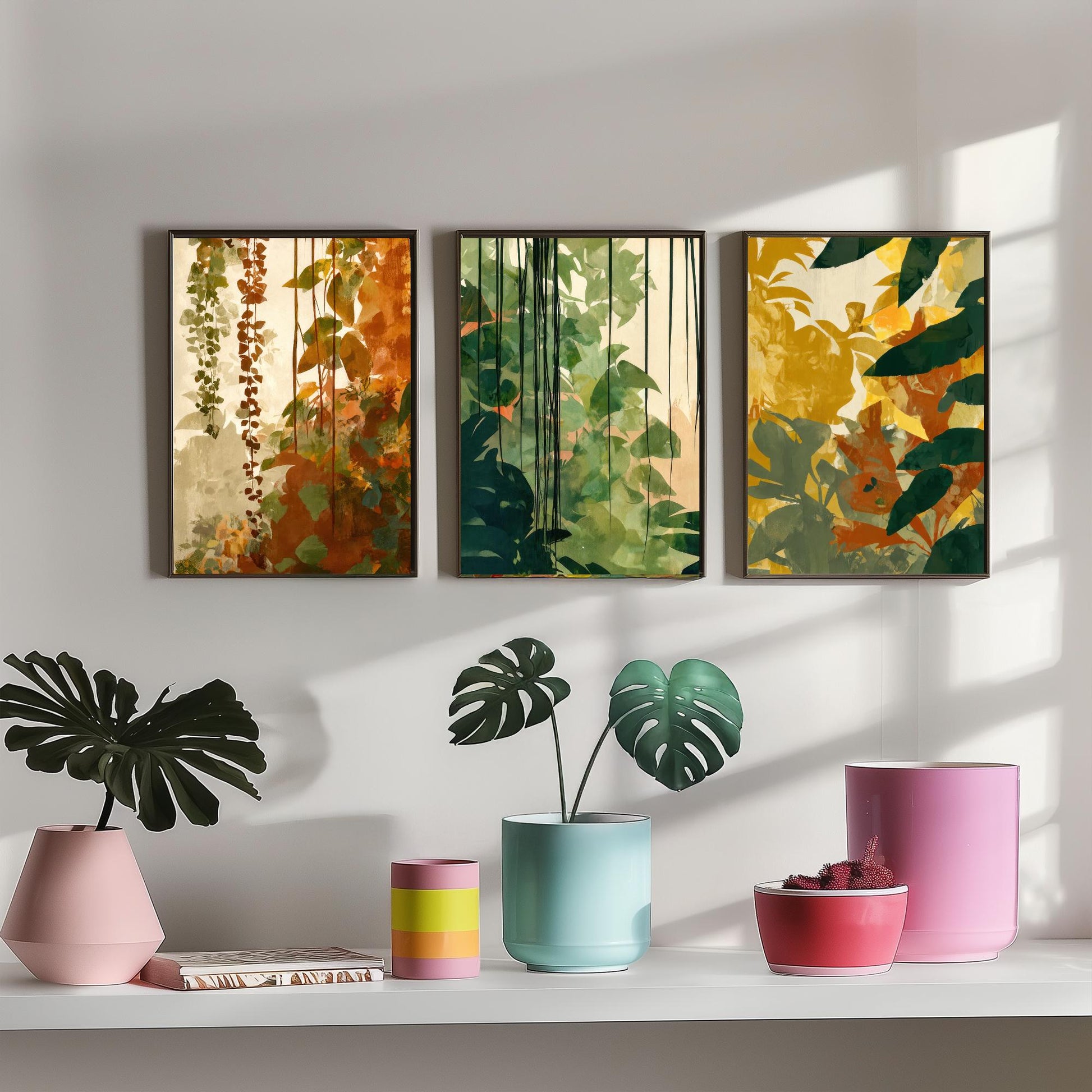 Tropical Jungle Foliage Set of Three Art Prints | Rust Gold Green Botanical Poster Illustration