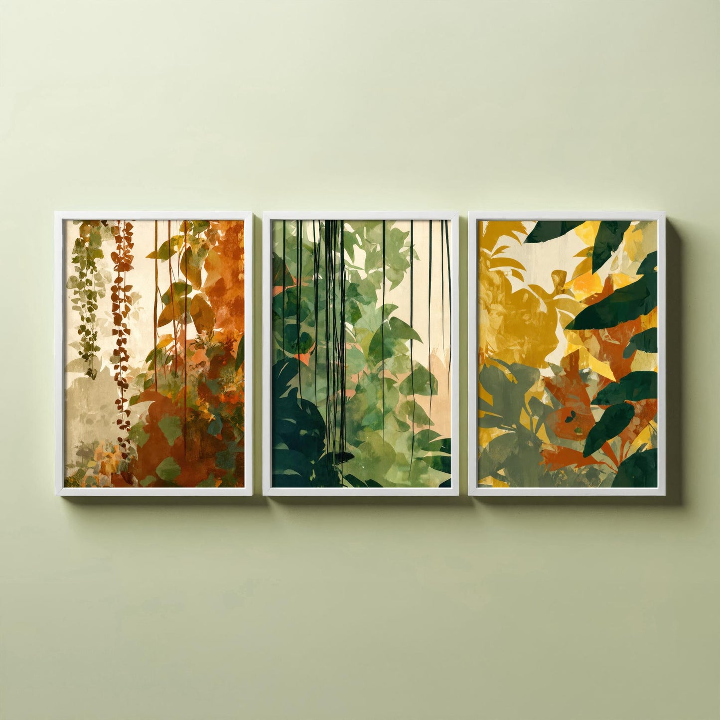 Tropical Jungle Foliage Set of Three Art Prints | Rust Gold Green Botanical Poster Illustration