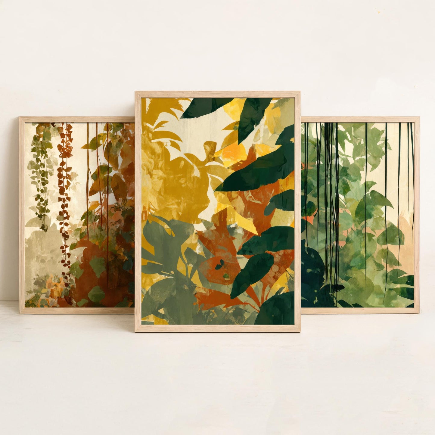 Tropical Jungle Foliage Set of Three Art Prints | Rust Gold Green Botanical Poster Illustration