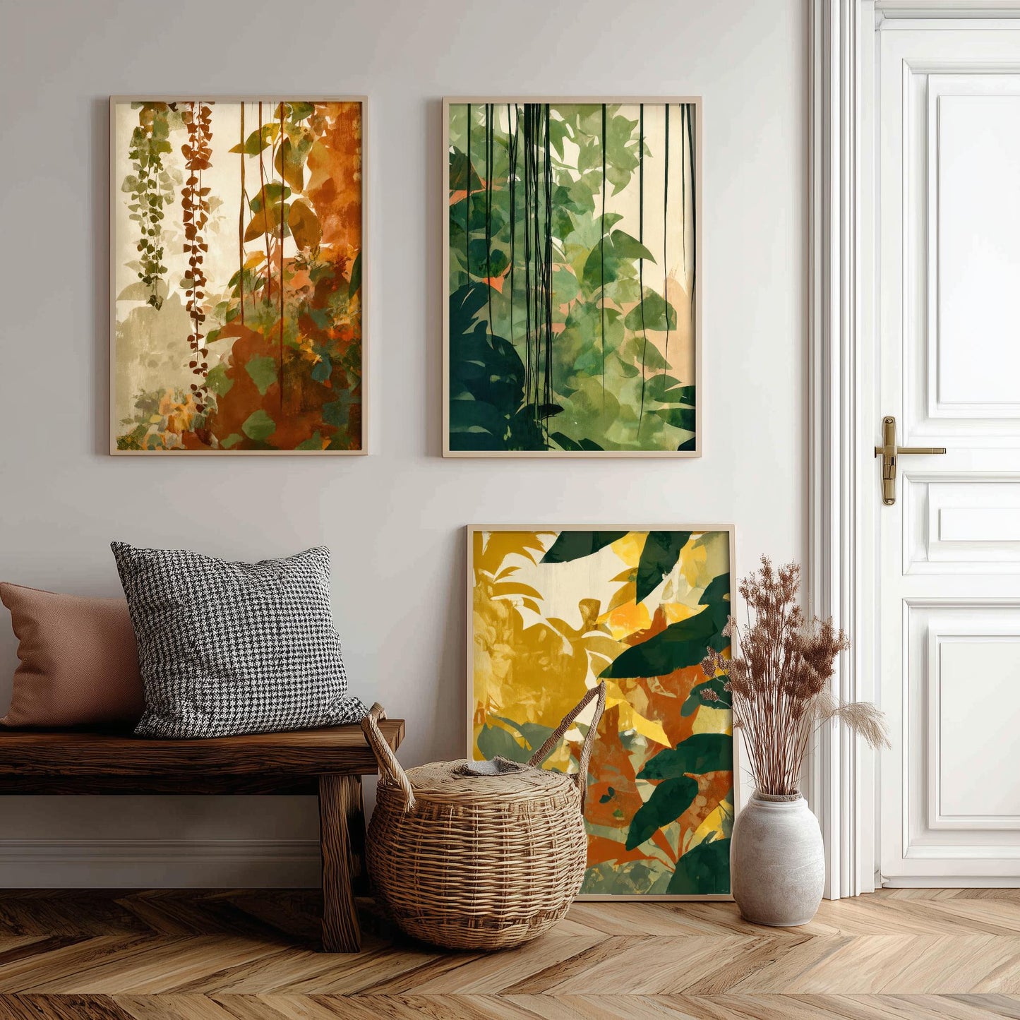 Tropical Jungle Foliage Set of Three Art Prints | Rust Gold Green Botanical Poster Illustration