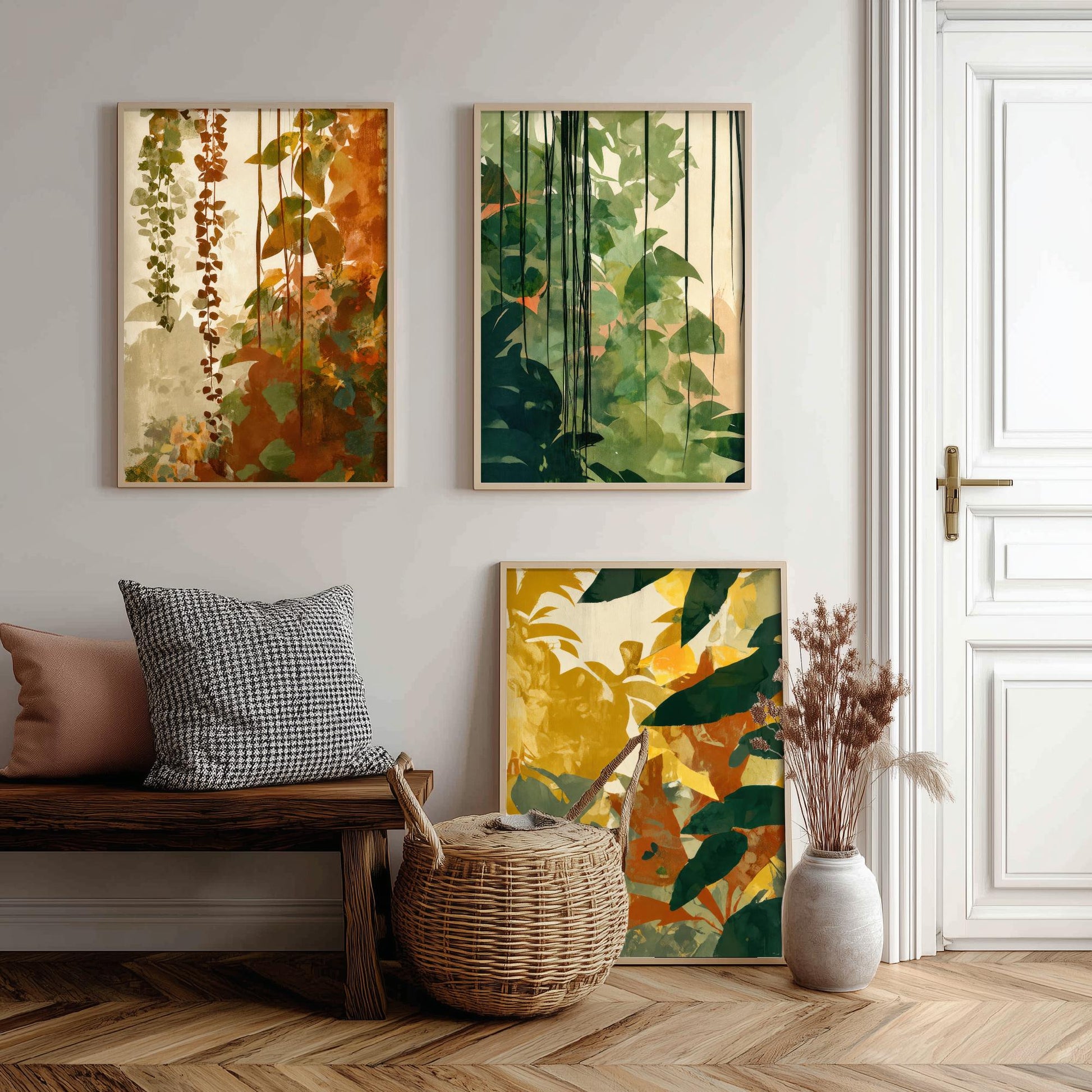 Tropical Jungle Foliage Set of Three Art Prints | Rust Gold Green Botanical Poster Illustration