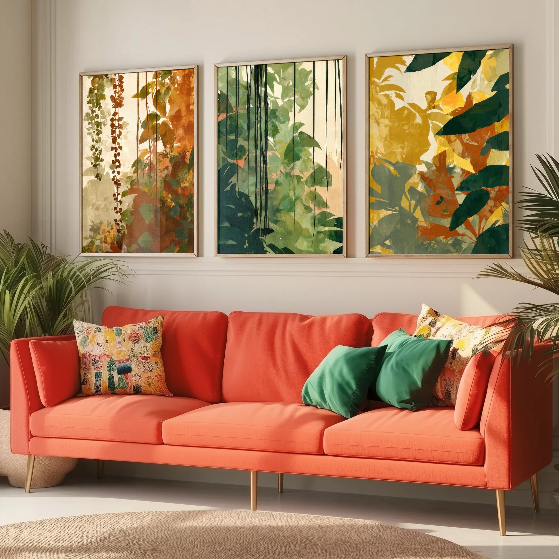 Tropical Jungle Foliage Set of Three Art Prints | Rust Gold Green Botanical Poster Illustration