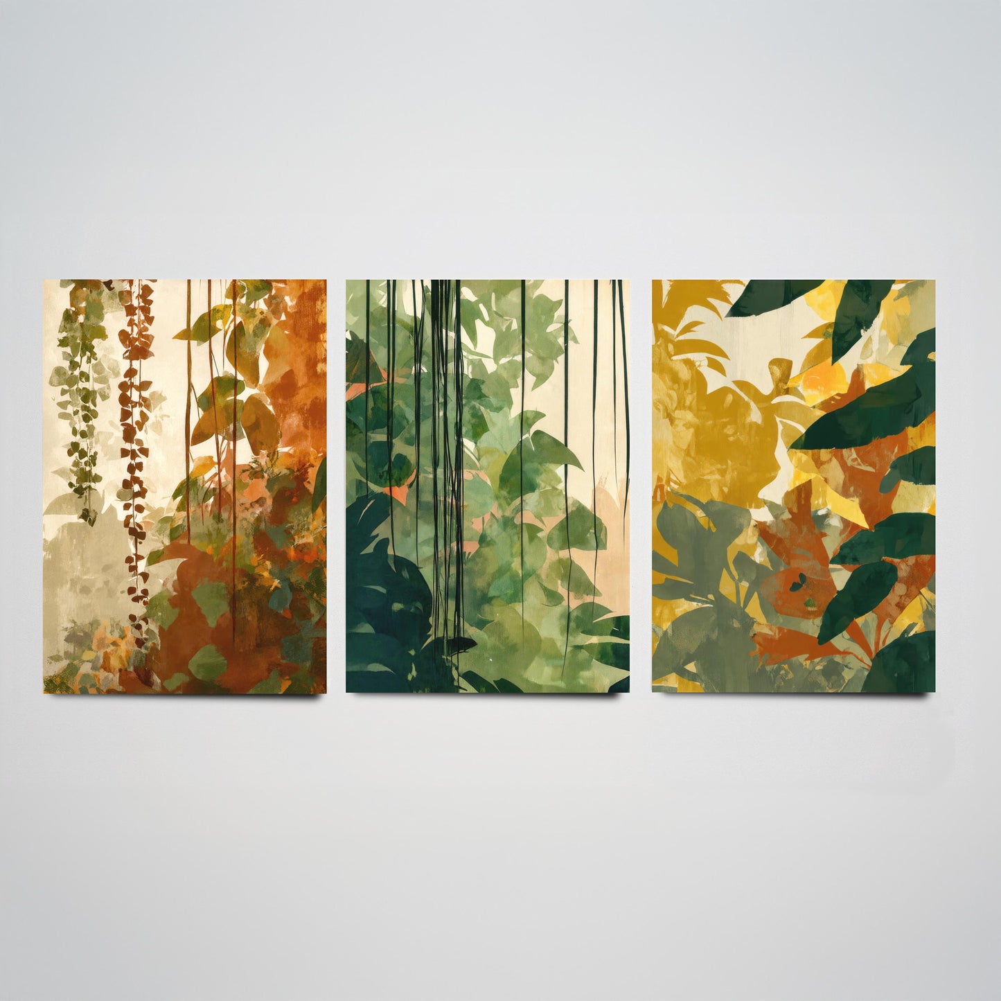 Tropical Jungle Foliage Set of Three Art Prints | Rust Gold Green Botanical Poster Illustration