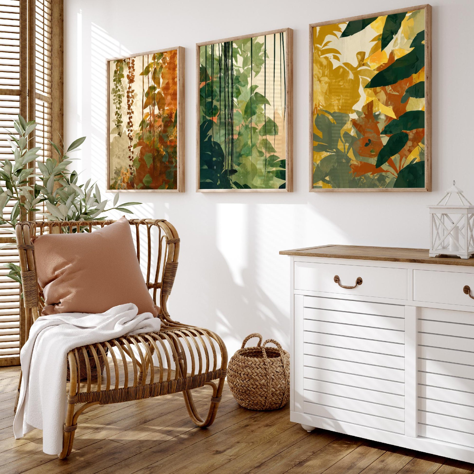 Tropical Jungle Foliage Set of Three Art Prints | Rust Gold Green Botanical Poster Illustration