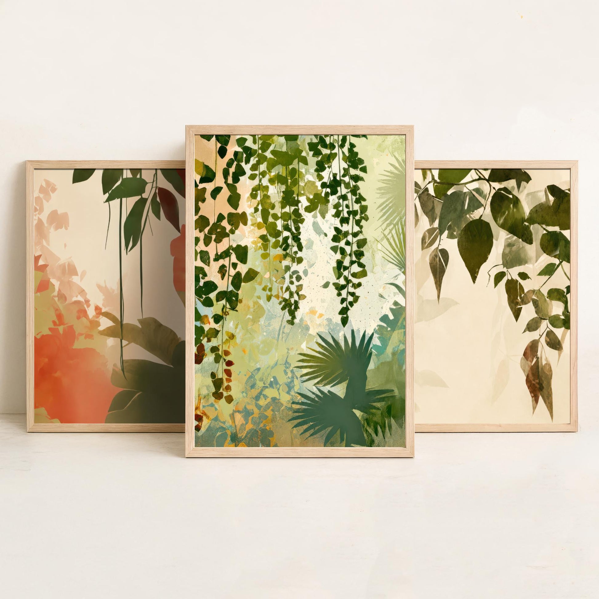 Tropical Leaves Set of Three Art Prints | Soft Sage Blush Botanical Poster Illustration