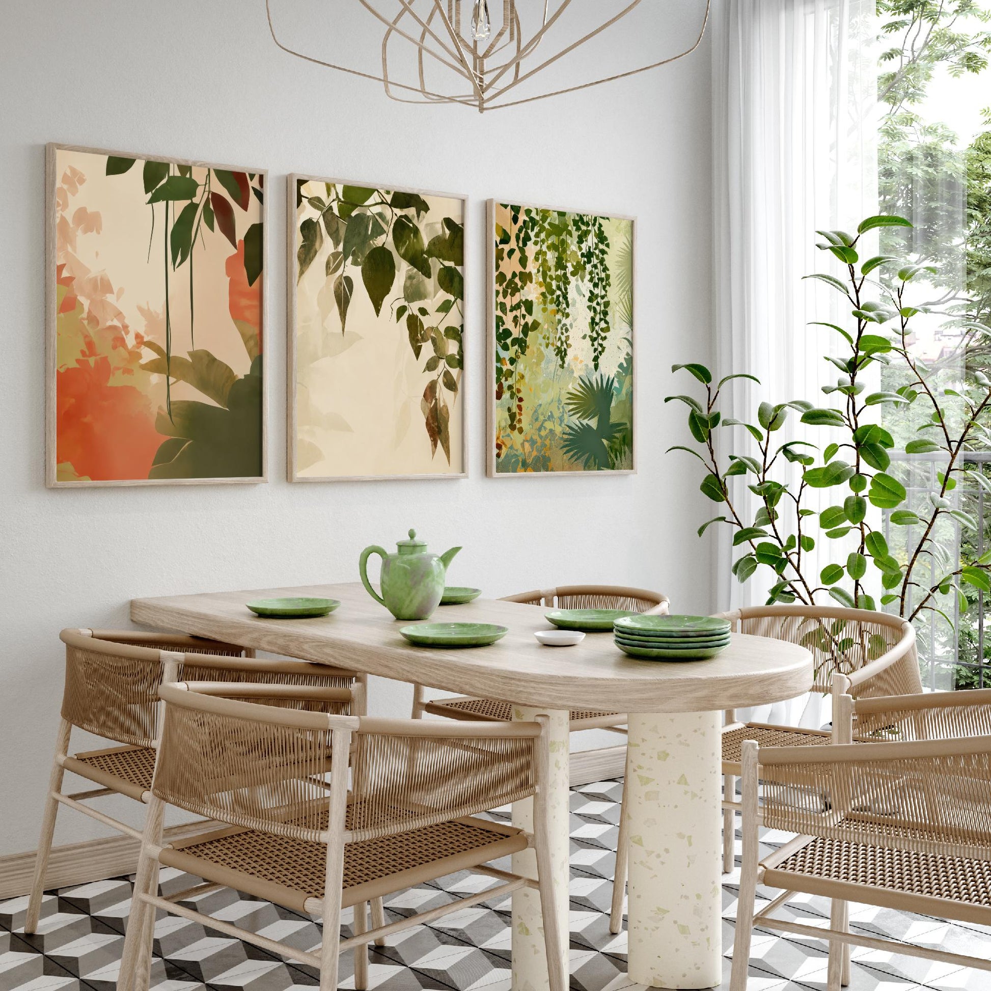 Tropical Leaves Set of Three Art Prints | Soft Sage Blush Botanical Poster Illustration