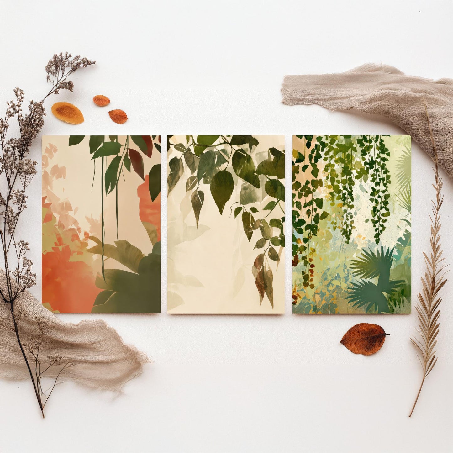 Tropical Leaves Set of Three Art Prints | Soft Sage Blush Botanical Poster Illustration