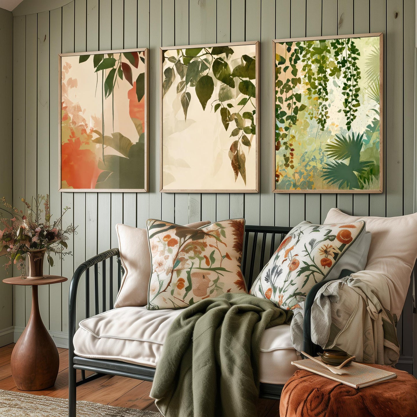 Tropical Leaves Set of Three Art Prints | Soft Sage Blush Botanical Poster Illustration