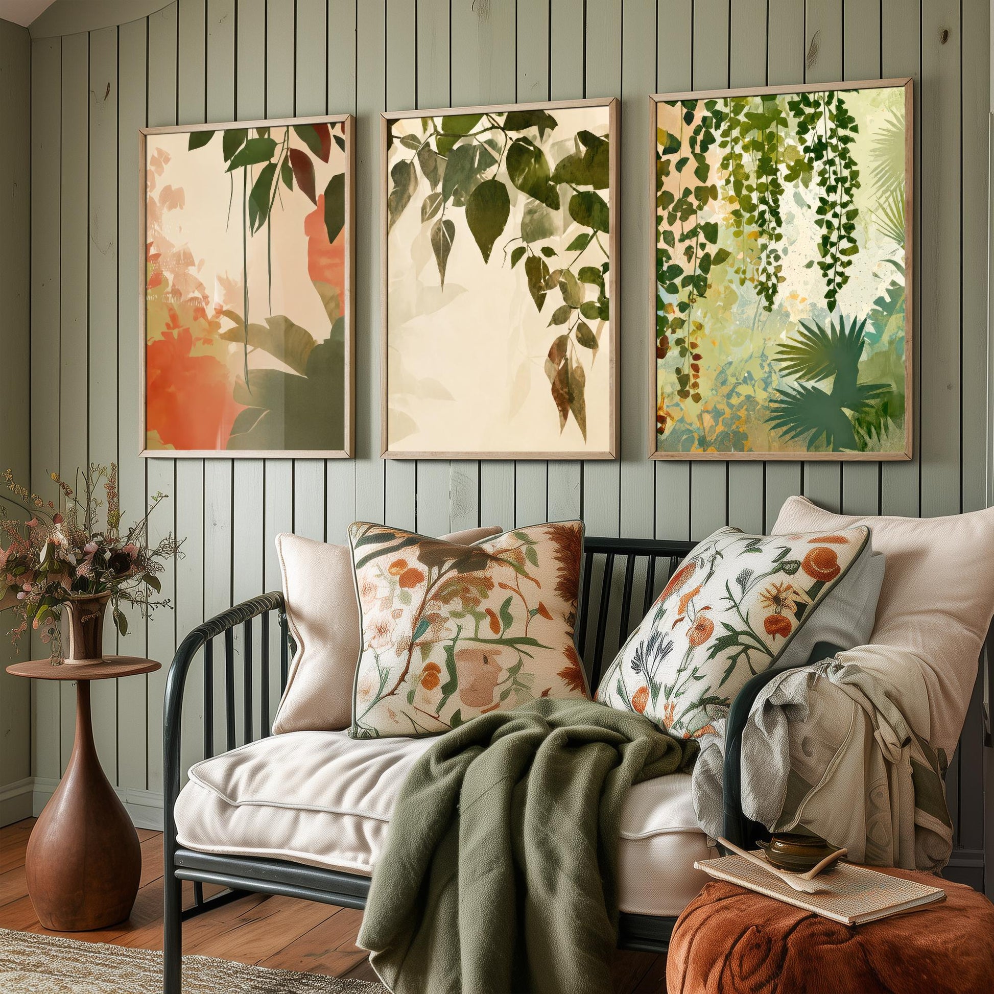 Tropical Leaves Set of Three Art Prints | Soft Sage Blush Botanical Poster Illustration