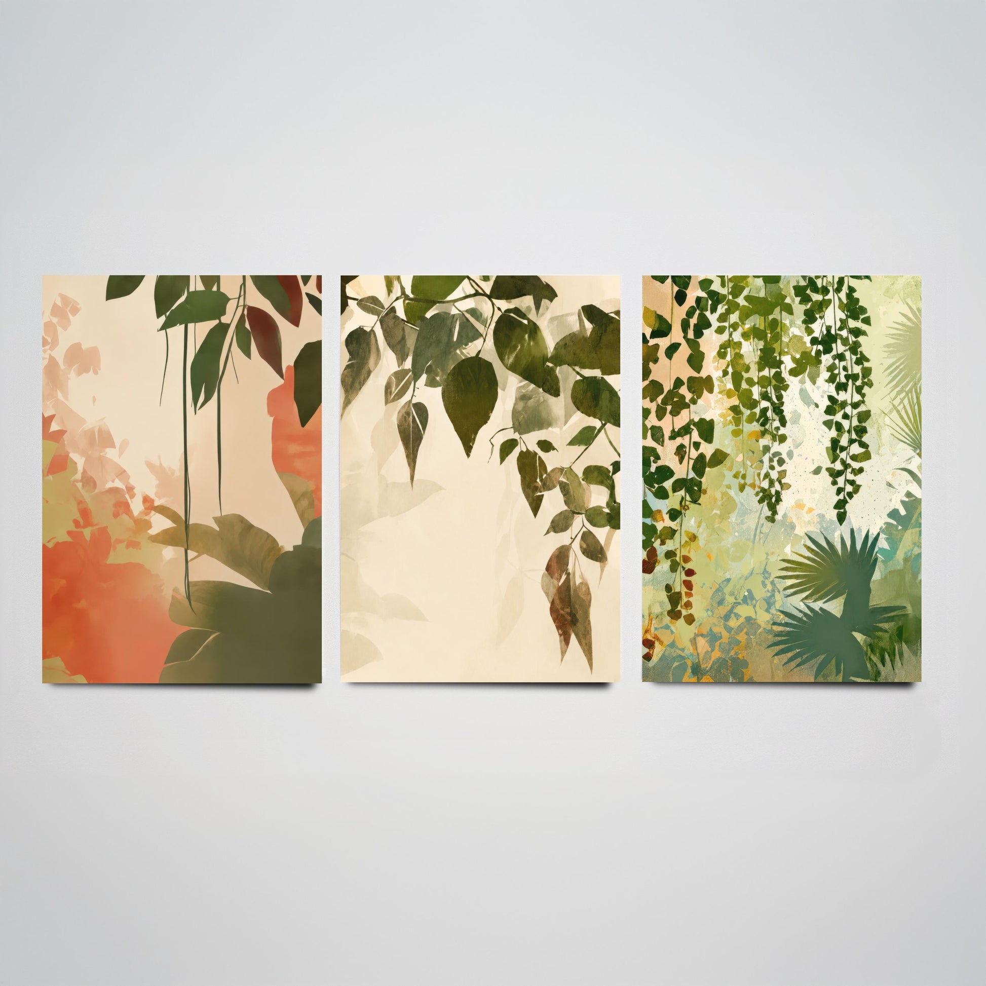 Tropical Leaves Set of Three Art Prints | Soft Sage Blush Botanical Poster Illustration