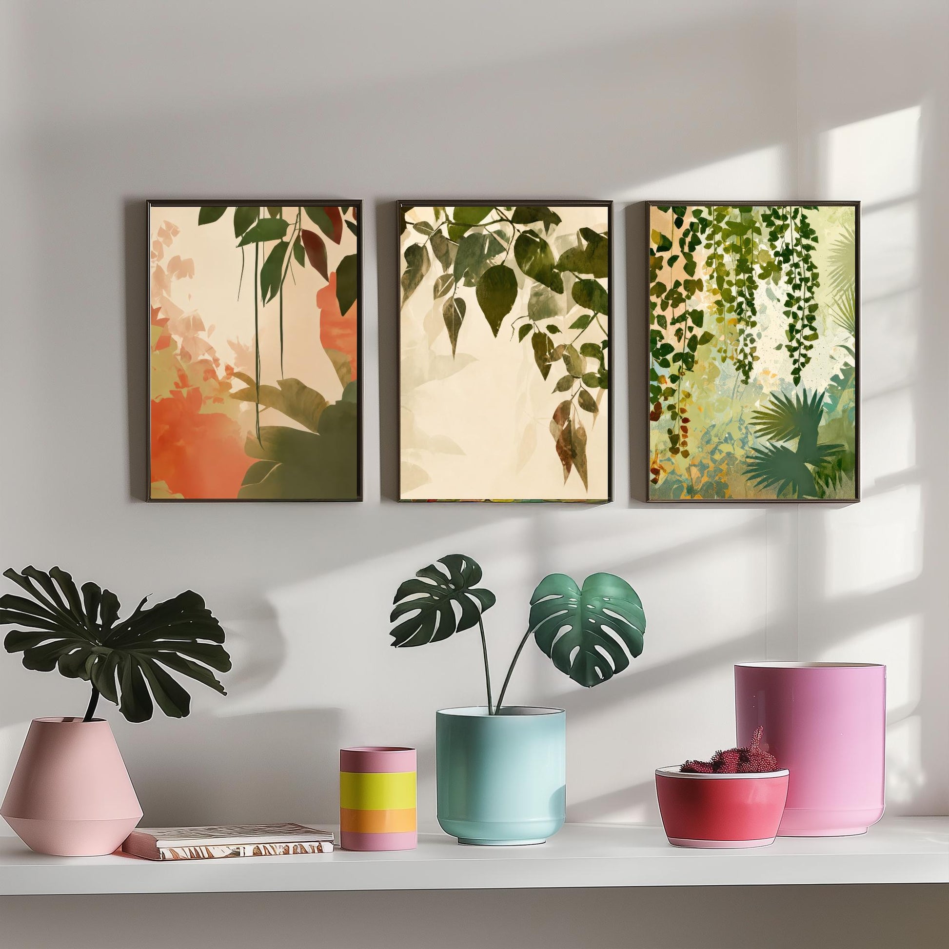 Tropical Leaves Set of Three Art Prints | Soft Sage Blush Botanical Poster Illustration