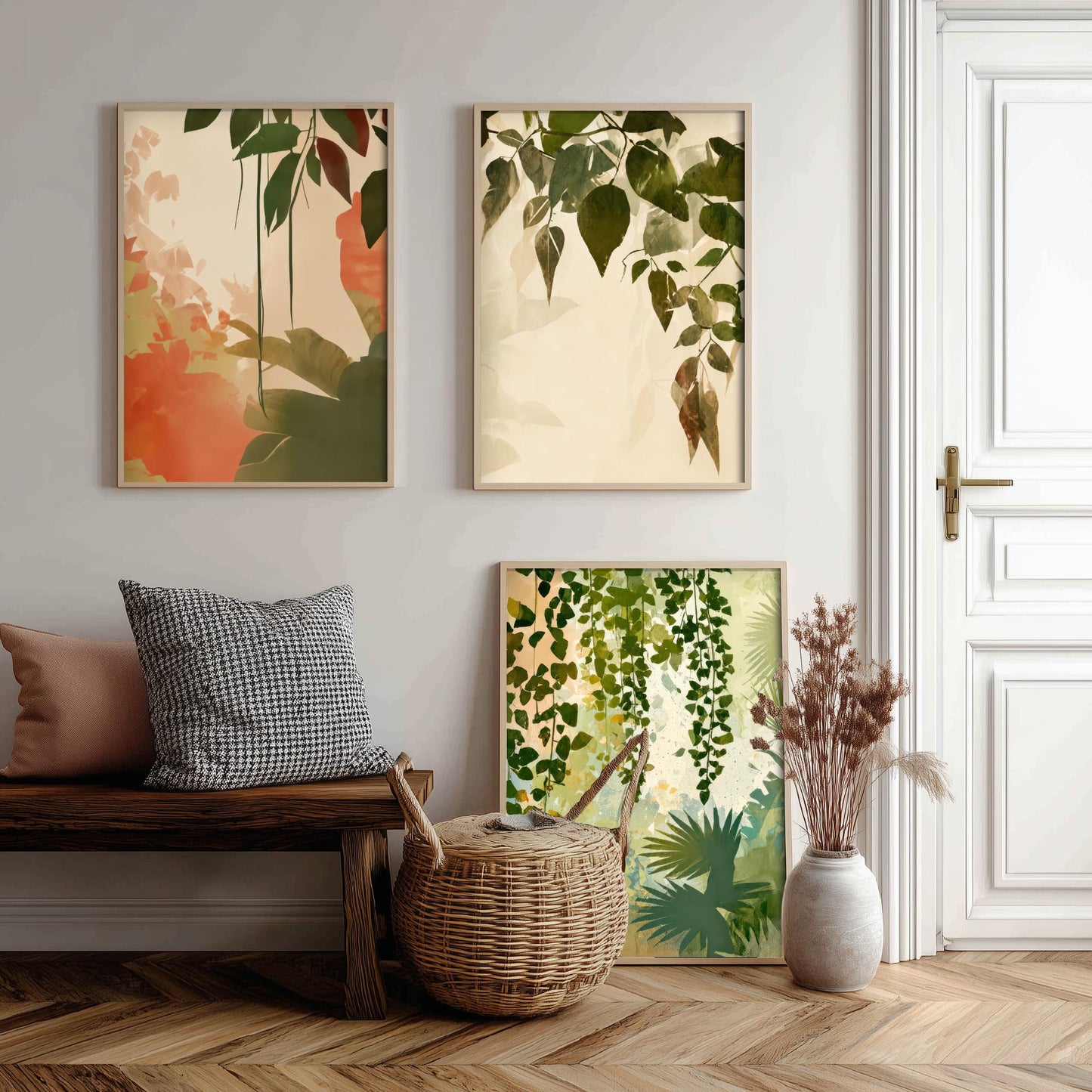 Tropical Leaves Set of Three Art Prints | Soft Sage Blush Botanical Poster Illustration