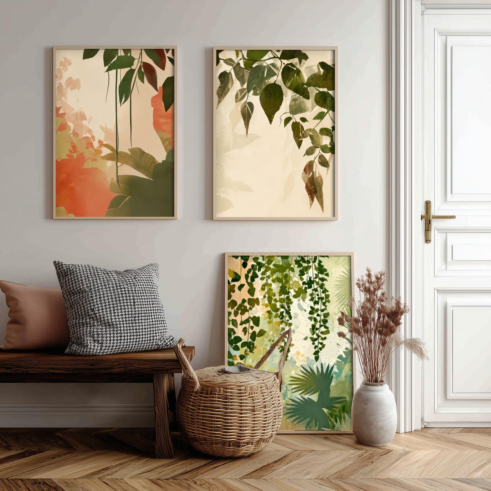 Tropical Leaves Set of Three Art Prints | Soft Sage Blush Botanical Poster Illustration