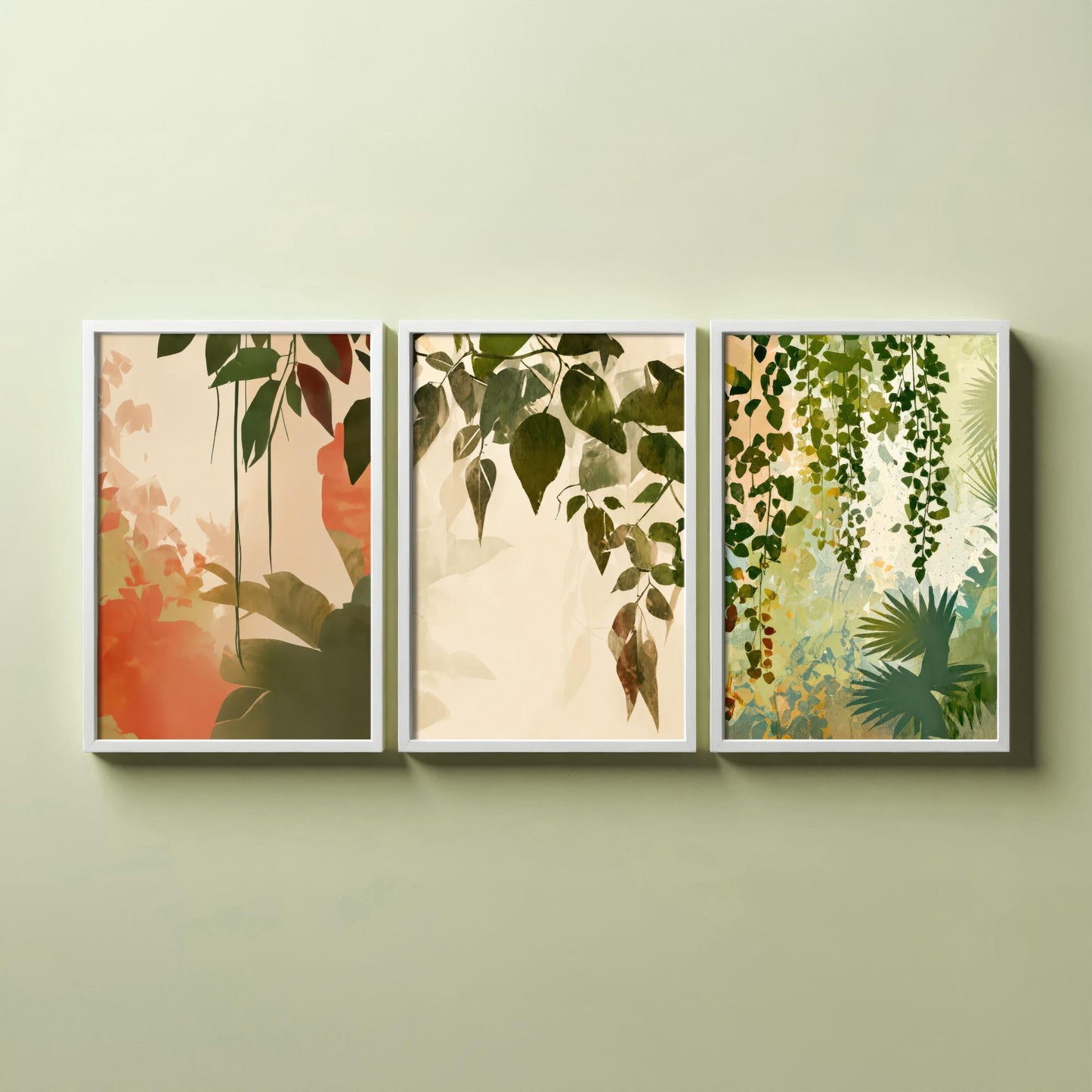 Tropical Leaves Set of Three Art Prints | Soft Sage Blush Botanical Poster Illustration