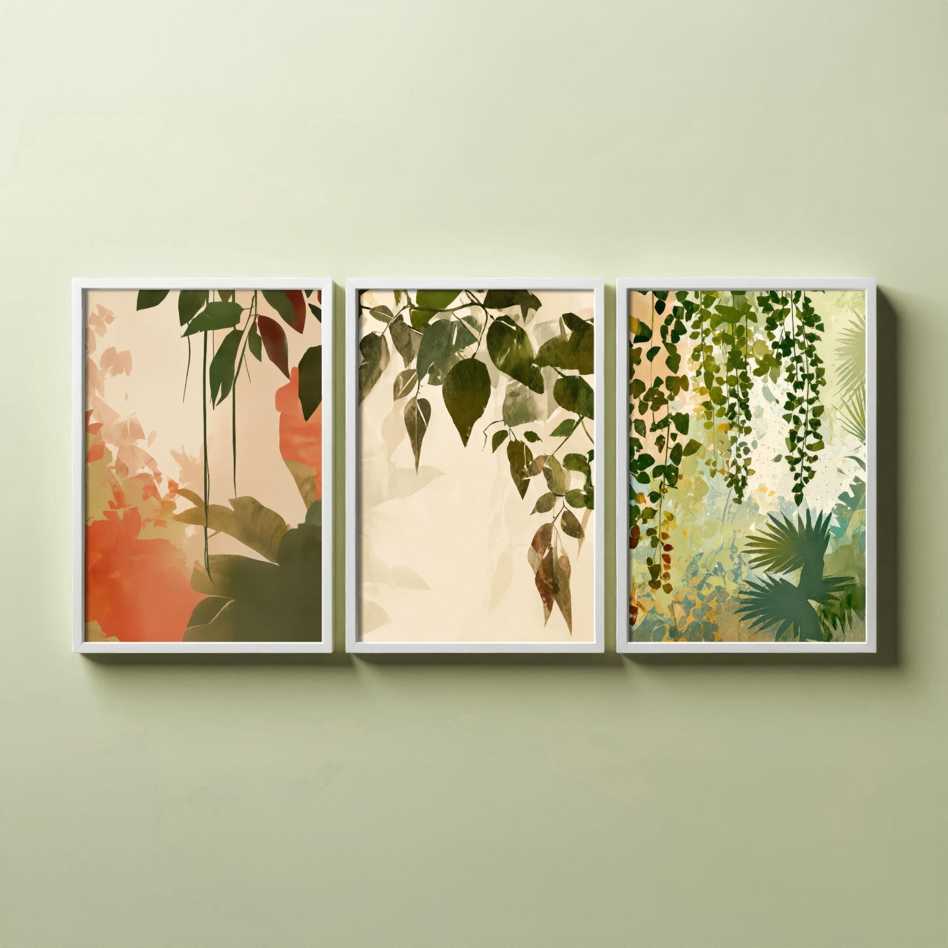 Tropical Leaves Set of Three Art Prints | Soft Sage Blush Botanical Poster Illustration