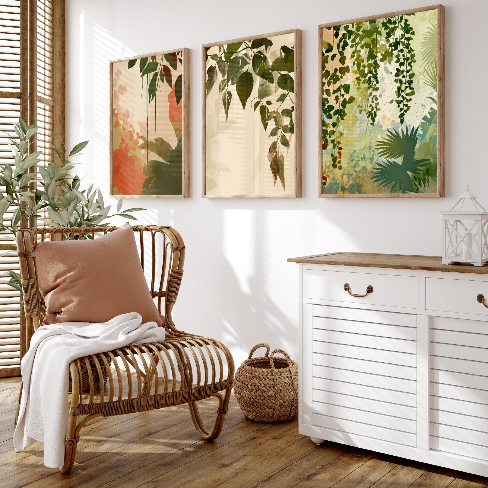 Tropical Leaves Set of Three Art Prints | Soft Sage Blush Botanical Poster Illustration