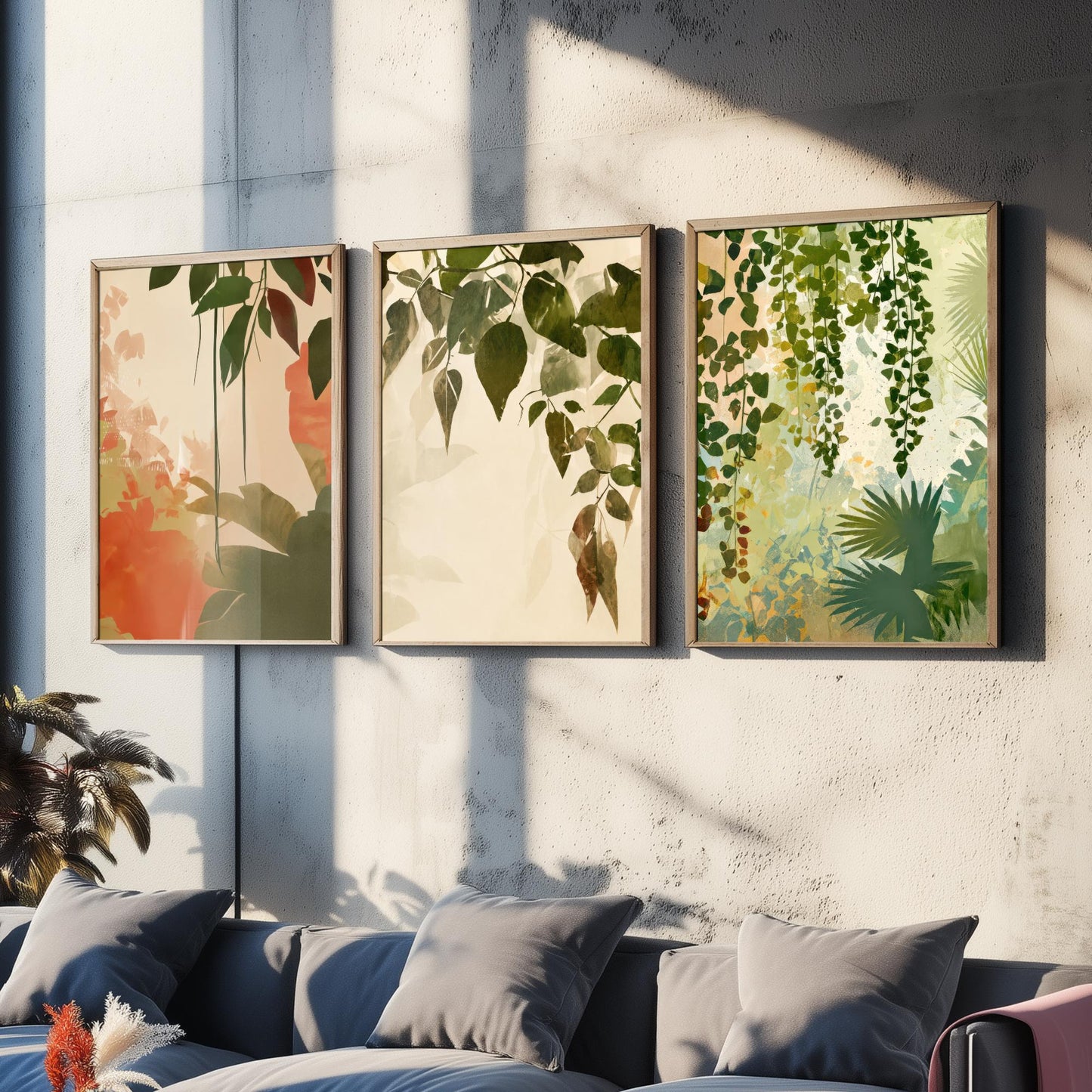 Tropical Leaves Set of Three Art Prints | Soft Sage Blush Botanical Poster Illustration
