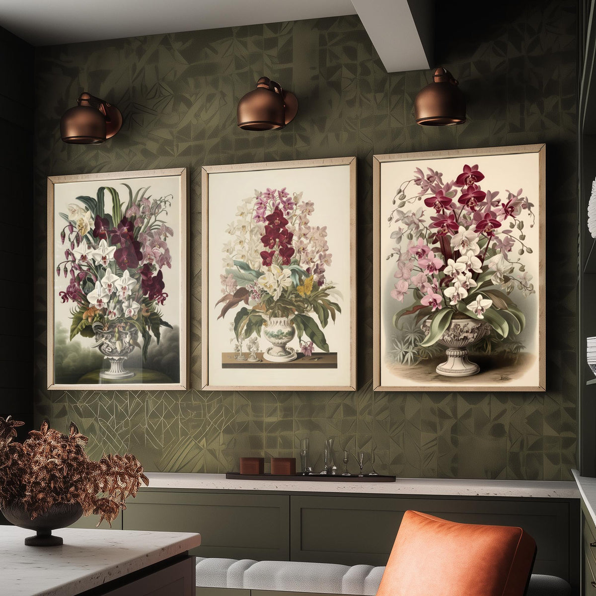 Tropical Orchids in a Vase Set of Three Art Prints - Antique Urns of Moth Orchids - Vintage Botanical Poster Illustration