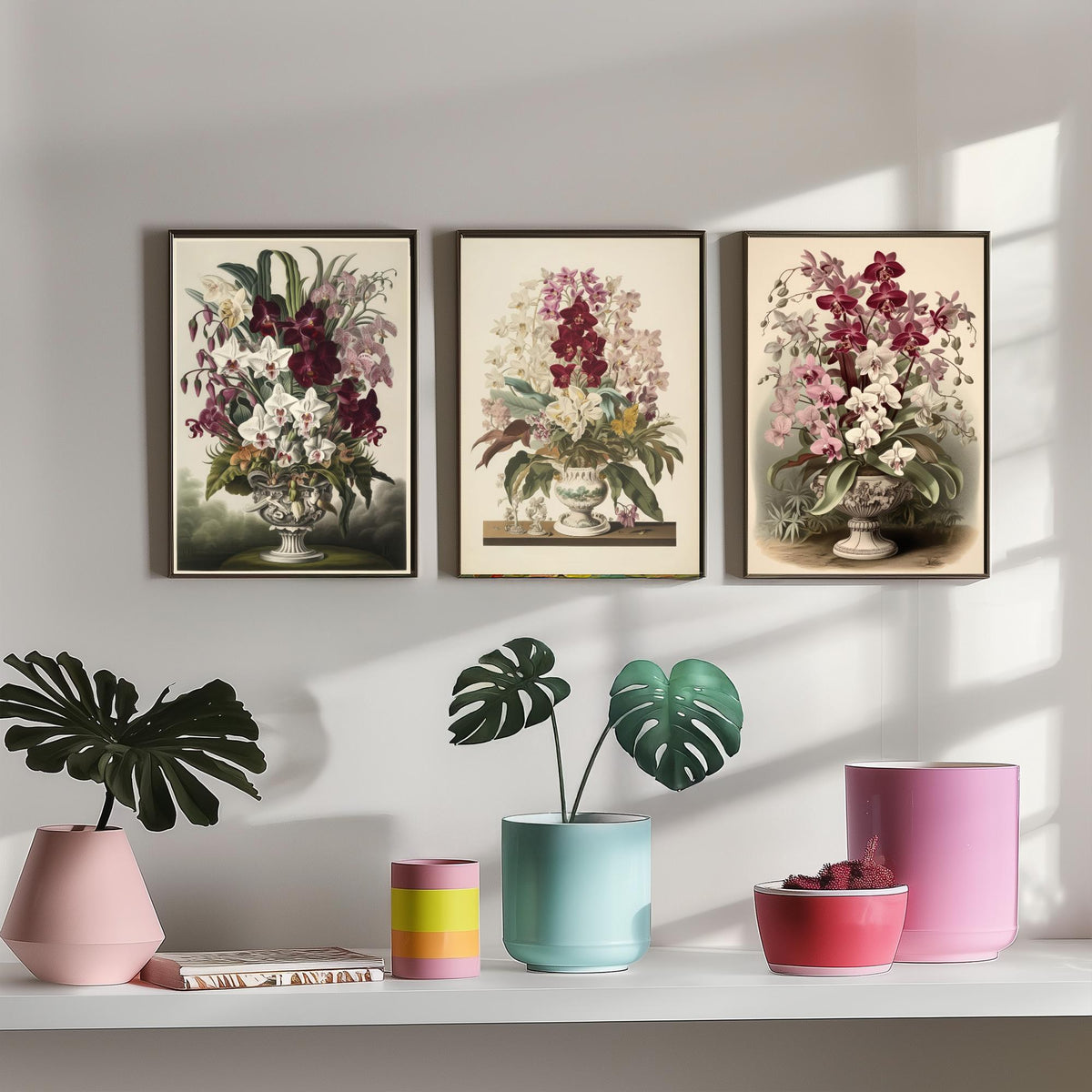 Tropical Orchids in a Vase Set of Three Art Prints - Antique Urns of Moth Orchids - Vintage Botanical Poster Illustration