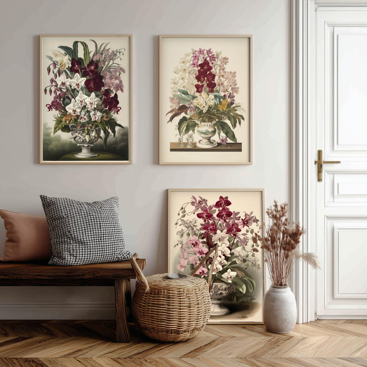 Tropical Orchids in a Vase Set of Three Art Prints - Antique Urns of Moth Orchids - Vintage Botanical Poster Illustration